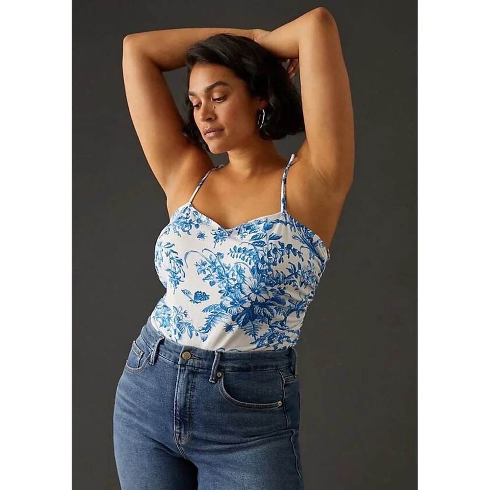 💙 NEW Anthropologie Maeve Shirred Tie Shoulder Chinoiserie Tank Top 2X - Picture 2 of 9